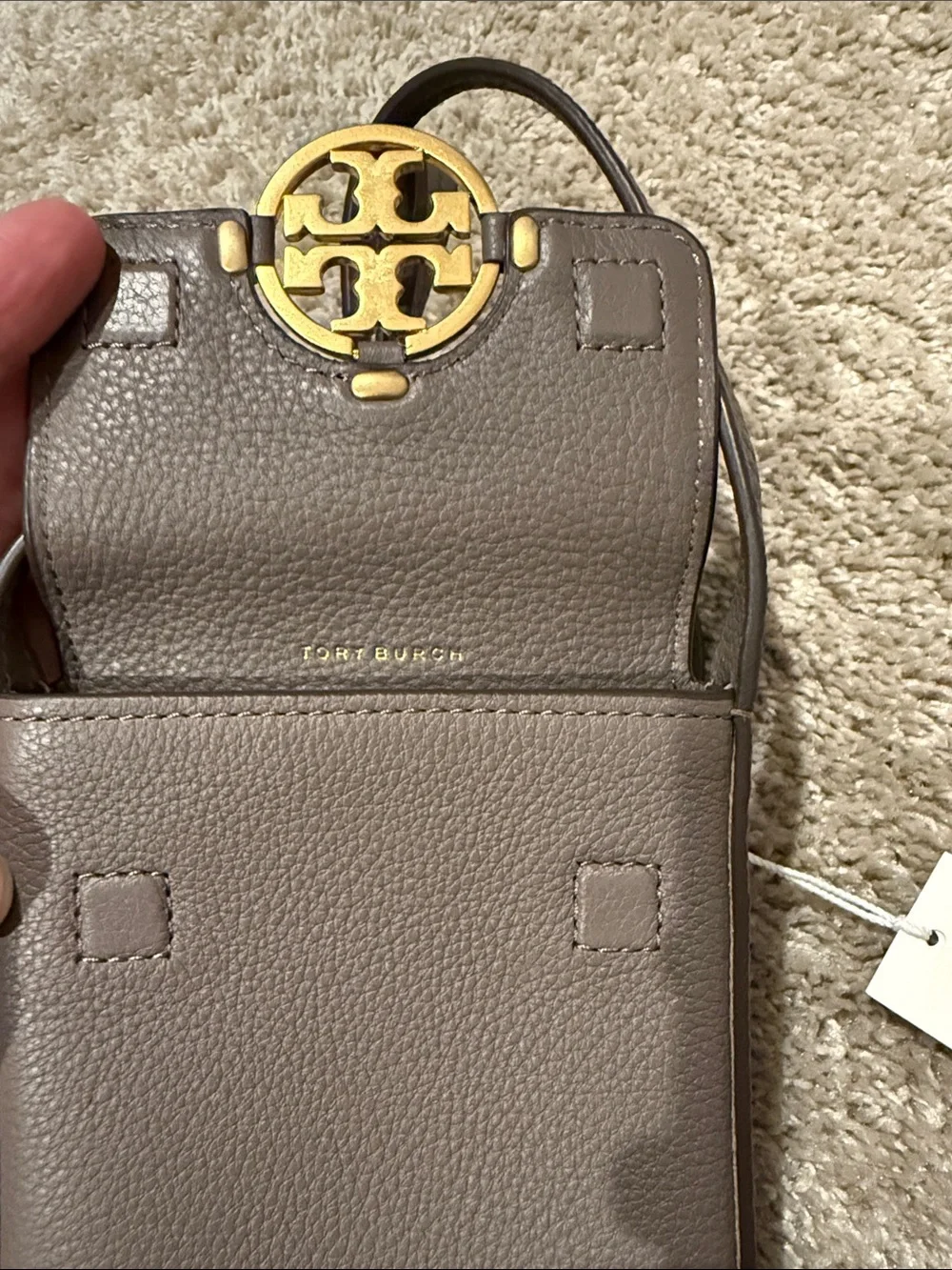 Tory Burch Brown Pebbled Leather Crossbody Phone Pouch with Gold Logo